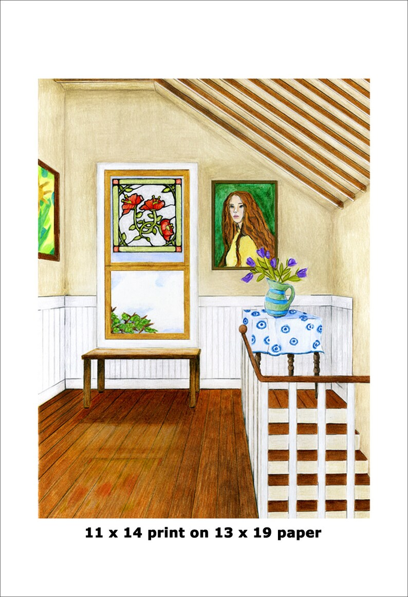 May include: A watercolour painting of a room with a stained glass window, a painting of a woman with long red hair, a table with a blue and white tablecloth, a vase of purple flowers, and a wooden bench. The room has a wooden floor and white wainscoting.