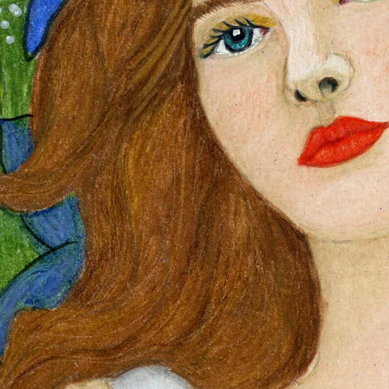 May include: A coloured pencil drawing of a person with long brown hair, a bright blue eye, and vibrant red lips. The person is positioned next to a green and blue patterned element. The artwork features visible pencil strokes and textured shading.