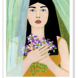 May include: A woman with long black hair holds a bouquet of purple and blue flowers in front of her chest. She is wearing a yellow tank top and is standing behind a sheer green curtain.