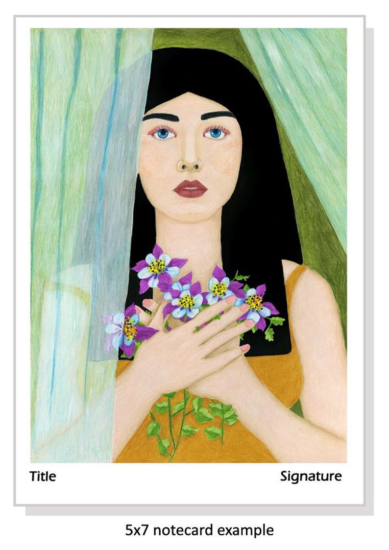 May include: A woman with long black hair holds a bouquet of purple and blue flowers in front of her chest. She is wearing a yellow tank top and is standing behind a sheer green curtain.