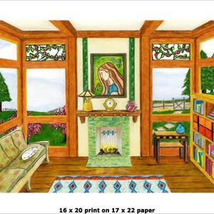 May include: A hand-drawn illustration of a room with a fireplace, a couch, a bookshelf, and a window. The room is decorated with a painting of a woman, a lamp, and a vase. The fireplace is made of brick and has a fire burning inside. The couch is covered in a green fabric and has a white cat sitting on it. The bookshelf is made of wood and has books and other items on it. The window is open and shows a view of a garden.