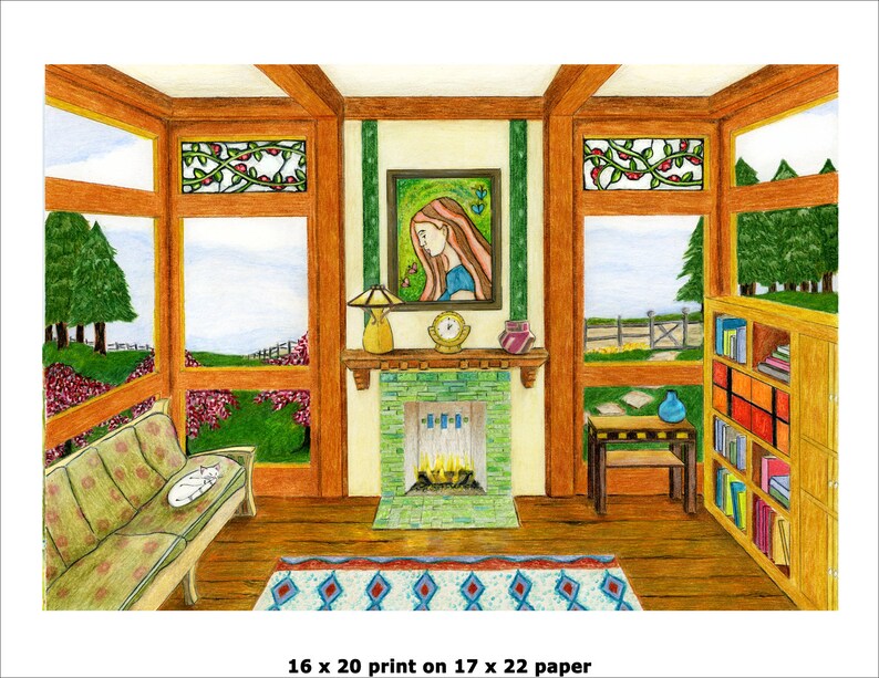 May include: A hand-drawn illustration of a room with a fireplace, a couch, a bookshelf, and a window. The room is decorated with a painting of a woman, a lamp, and a vase. The fireplace is made of brick and has a fire burning inside. The couch is covered in a green fabric and has a white cat sitting on it. The bookshelf is made of wood and has books and other items on it. The window is open and shows a view of a garden.