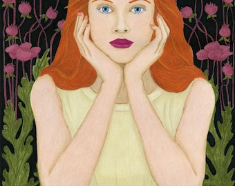 Candy Hearts-Redhead Woman, Candy Hearts Art Print, Valentine Portrait, Colored Pencil Wall Art, Sweet Gift, Signed Giclee