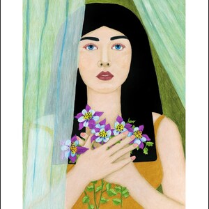 May include: A woman with long black hair holds a bouquet of purple and blue flowers to her chest. She is standing behind a sheer curtain with green and blue stripes. The image is a 11 x 14 print on 13 x 19 paper.