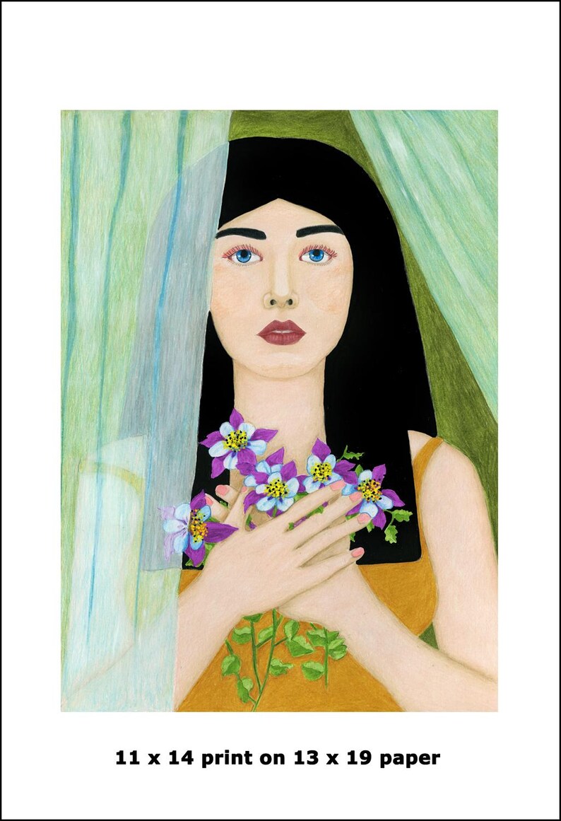 May include: A woman with long black hair holds a bouquet of purple and blue flowers to her chest. She is standing behind a sheer curtain with green and blue stripes. The image is a 11 x 14 print on 13 x 19 paper.