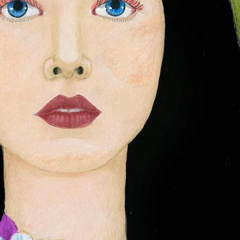May include: A close-up of a woman's face with blue eyes, red lipstick, and long black hair. The background is black.