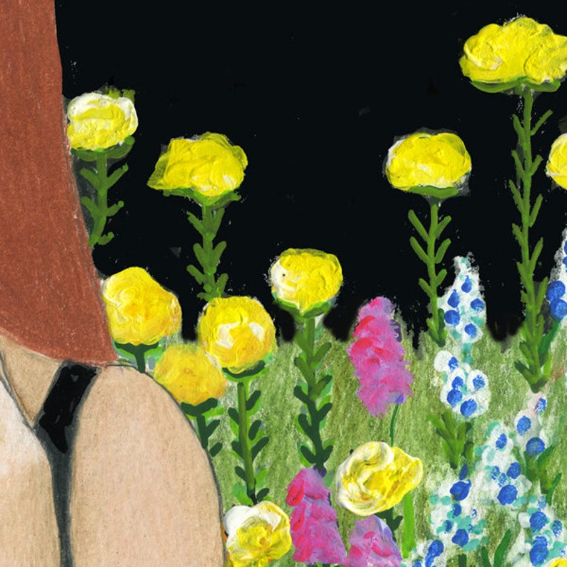 K&ouml;nnte beinhalten: Ein Gem&auml;lde, das eine Gartenszene mit gelben und blauen Blumen vor einem schwarzen Hintergrund zeigt. Die Blumen sind in einer stilisierten Art und Weise gemalt, mit dicken Pinselstrichen und leuchtenden Farben.