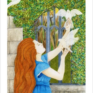 May include: A woman with long, flowing red hair reaches up to a white dove with her arms outstretched. The dove is perched on her hand. The woman is wearing a blue dress and is standing in front of a wrought iron gate. There are green leaves and vines growing around the gate. The image is drawn in colored pencil.