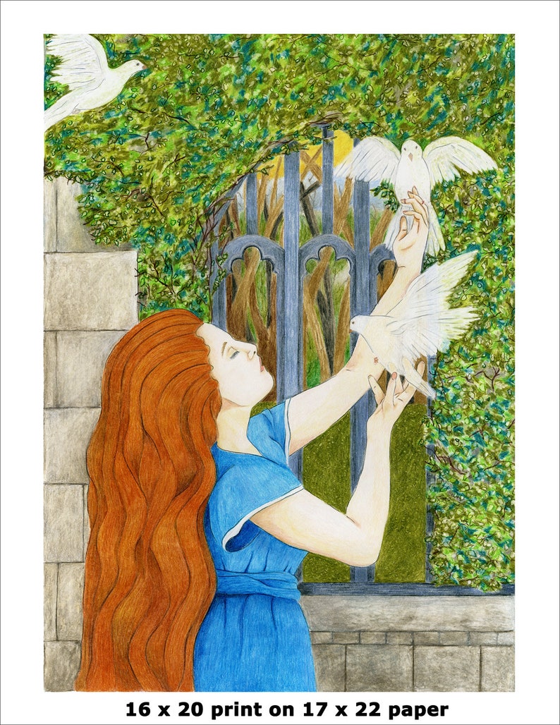 May include: A woman with long, flowing red hair reaches up to a white dove with her arms outstretched. The dove is perched on her hand. The woman is wearing a blue dress and is standing in front of a wrought iron gate. There are green leaves and vines growing around the gate. The image is drawn in colored pencil.