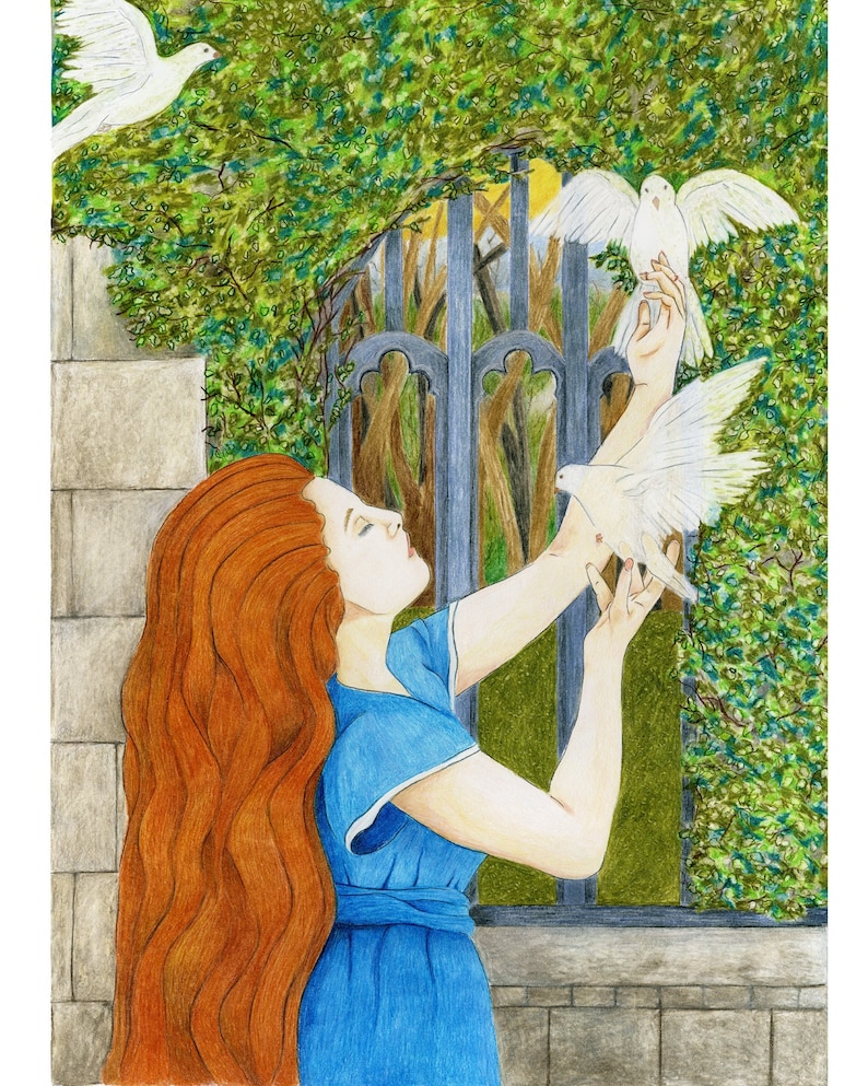 May include: A woman with long, flowing red hair reaches up to a white dove. The dove is perched on her hand, and she is looking up at it with a gentle smile. The woman is wearing a blue dress and is standing in front of a stone wall with a green vine growing on it.