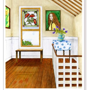May include: A watercolour painting of a room with a stained glass window, a portrait on the wall, a table with a vase of flowers, and a wooden bench. The room has a wooden floor and white wainscoting.