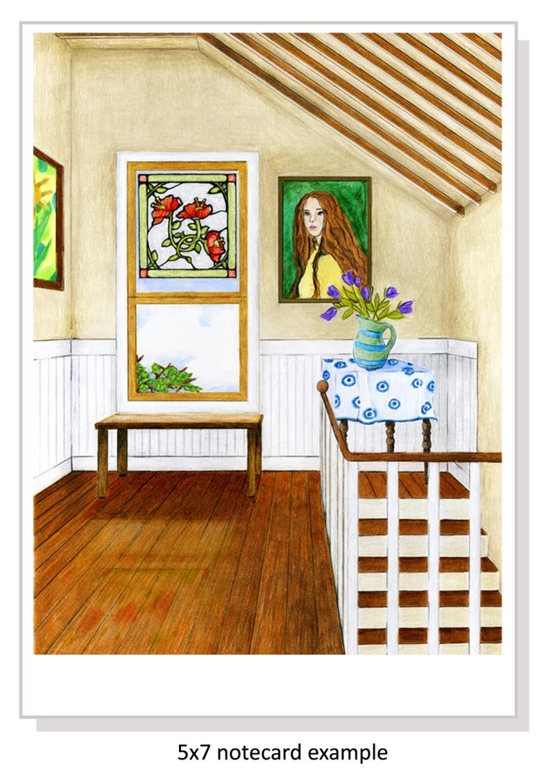 May include: A watercolour painting of a room with a stained glass window, a portrait on the wall, a table with a vase of flowers, and a wooden bench. The room has a wooden floor and white wainscoting.