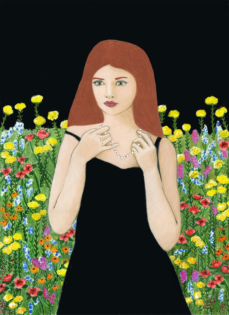 A young woman and her pearls in a beautiful garden. Beautiful and poetic archival print of original colored pencil drawing by award-winning artist and poet, Victoria Twomey. Includes certificate of authenticity and artist bio.