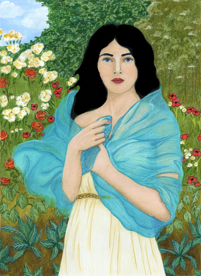 May include: A painting of a person with long black hair and blue eyes, wearing a cream-colored dress with a braided waist detail and a draped, sheer bright blue shawl. The figure is positioned in front of a garden filled with red and white flowers.