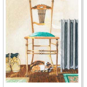 May include: A calico cat sleeps under a wooden chair with a teal cushion. The chair is next to a radiator with a white background.