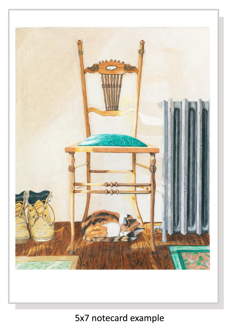 May include: A calico cat sleeps under a wooden chair with a teal cushion. The chair is next to a radiator with a white background.