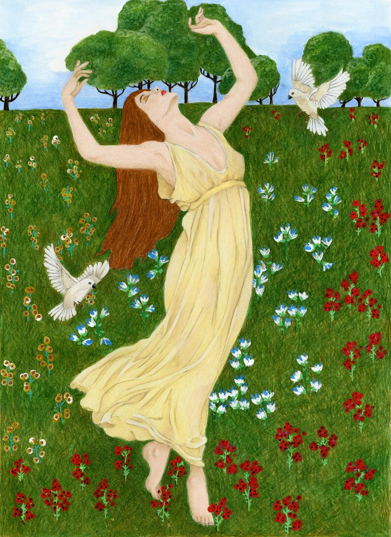 Morning Glory-Woman Dancing With Birds Art Print, Morning Sun Garden Portrait, Colored Pencil Wall Art, Gratitude Gift, Signed Giclee 8x10 image 1