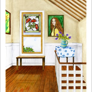 May include: A watercolour painting of a room with a stained glass window, a portrait on the wall, a table with a vase of flowers, and a wooden staircase. The room has white wainscoting and a wood floor.