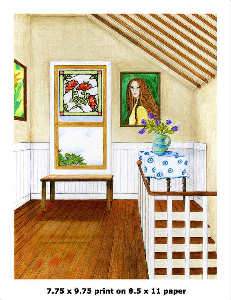 May include: A watercolour painting of a room with a stained glass window, a portrait on the wall, a table with a vase of flowers, and a wooden staircase. The room has white wainscoting and a wood floor.