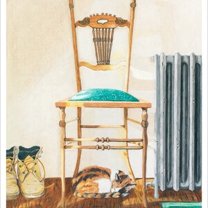 May include: A calico cat sleeps under a wooden chair with a teal cushion. The chair has a carved back and is in front of a white wall. Two brown work boots are on the floor to the left of the chair. The image is captioned "16 x 20 print on 17 x 22 paper".