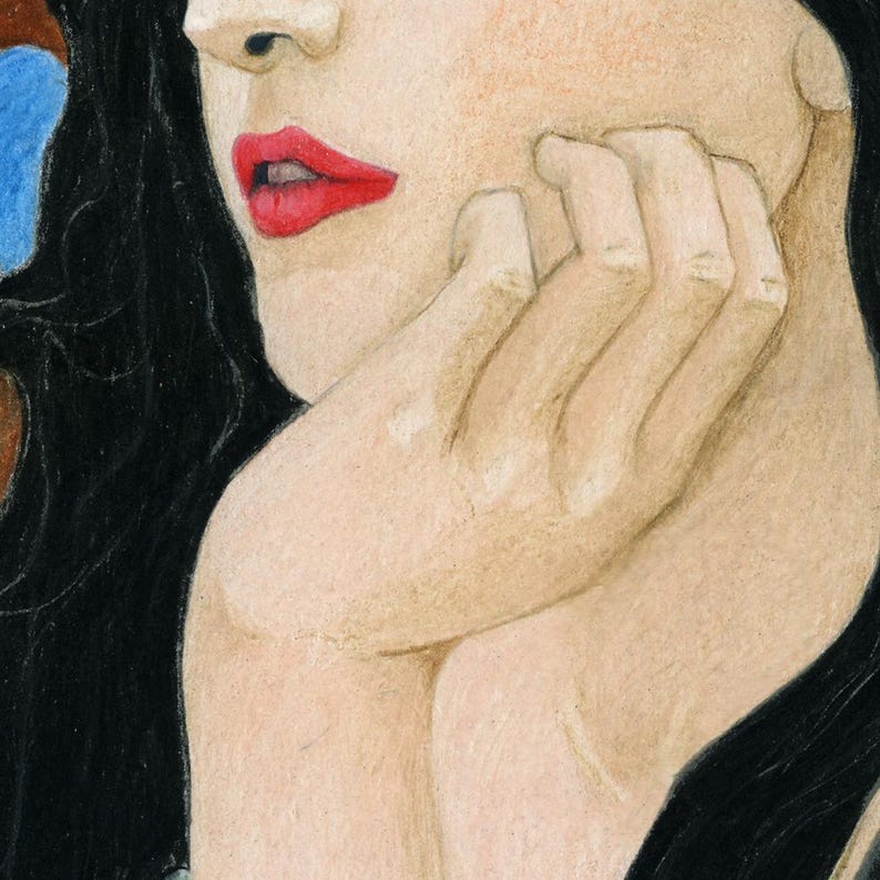 May include: A colored pencil drawing of a face with fair skin, bright red lips, and long wavy black hair. The hand is resting against the chin, with fingers curled near the cheek. A patch of blue texture is visible on the left side of the hair.