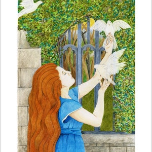 May include: A woman with long, flowing red hair reaches out to a white dove in flight. The dove is perched on her outstretched hand. The woman is wearing a blue dress and is standing in front of a stone wall and a green leafy vine.