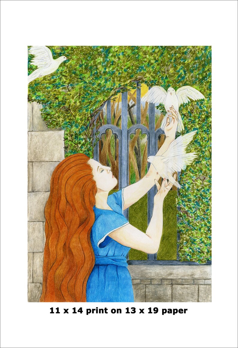 May include: A woman with long, flowing red hair reaches out to a white dove in flight. The dove is perched on her outstretched hand. The woman is wearing a blue dress and is standing in front of a stone wall and a green leafy vine.