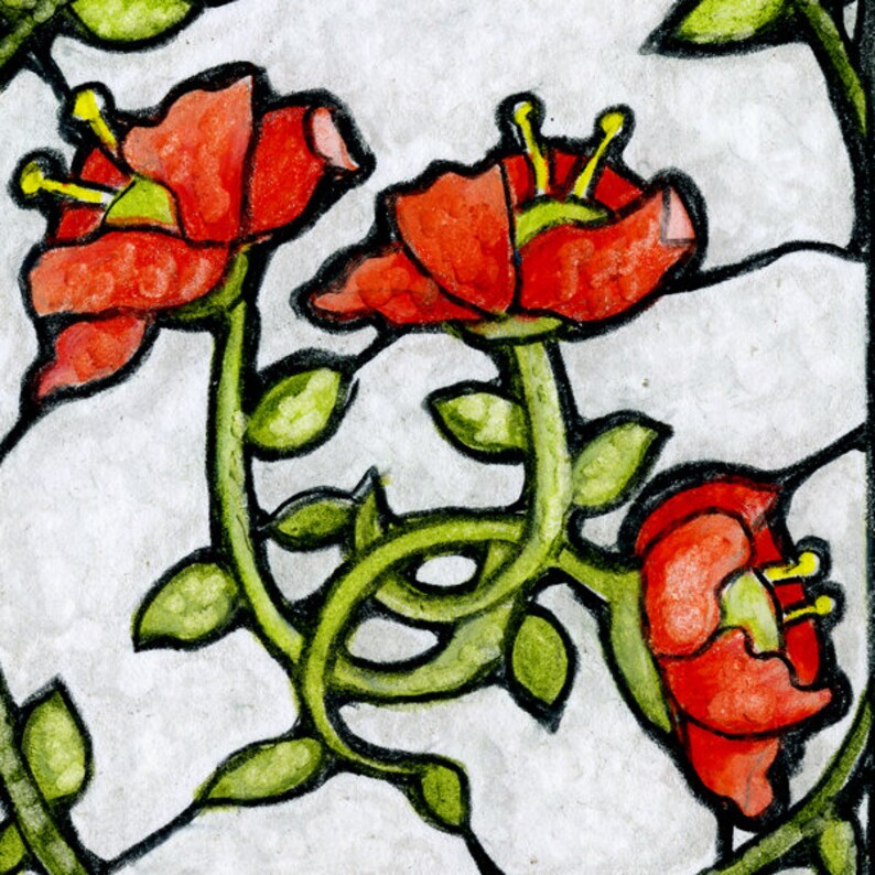 May include: A hand-drawn illustration of three red flowers with yellow centres, blooming on green vines with leaves. The flowers are drawn in a stylised, almost cartoonish style, with thick outlines and watercolour washes.