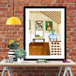 May include: Watercolour painting of a room with a stained glass window, a bench, and a vase of flowers on a table with a white tablecloth. The room has a wooden floor and a white railing.