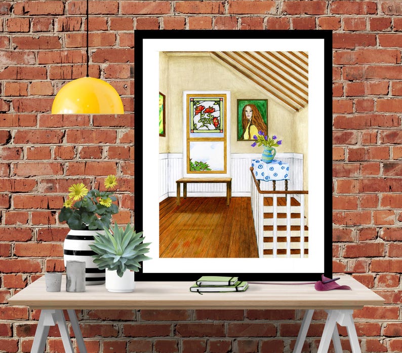 May include: Watercolour painting of a room with a stained glass window, a bench, and a vase of flowers on a table with a white tablecloth. The room has a wooden floor and a white railing.