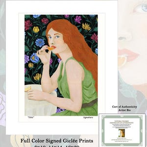 May include: A signed gicl&eacute;e print featuring a woman with red hair and a green dress, eating a slice of citrus fruit. The background is a floral pattern. The print sizes are 8x10, 11x14, and 16x20 inches. Includes a certificate of authenticity.