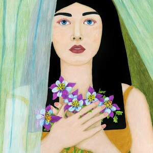 May include: A woman with long black hair holds a bouquet of purple and blue flowers in front of her chest. She is wearing a yellow tank top and is standing behind a sheer green curtain.