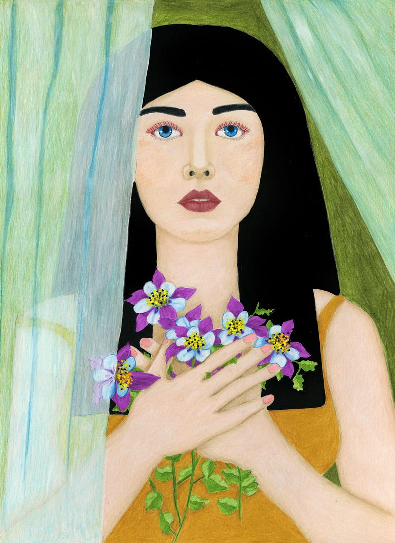 May include: A woman with long black hair holds a bouquet of purple and blue flowers in front of her chest. She is wearing a yellow tank top and is standing behind a sheer green curtain.