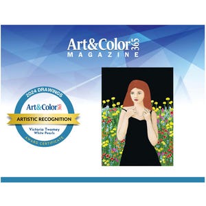 K&ouml;nnte beinhalten: Ein Zertifikat f&uuml;r k&uuml;nstlerische Anerkennung vom Art&Color Magazin f&uuml;r eine Zeichnung mit dem Titel "White Pearls" von Victoria Twomey. Die Zeichnung zeigt eine Frau mit roten Haaren, die ein schwarzes Kleid tr&auml;gt und in einem Feld mit bunten Blumen steht.