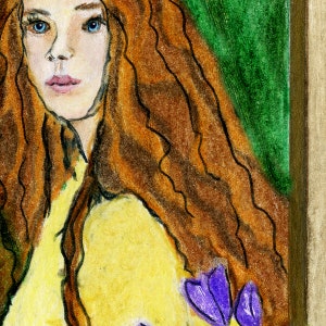 May include: A painting of a woman with long, flowing red hair. She is wearing a yellow shirt and has a purple flower behind her ear. The background is a green and brown colour.