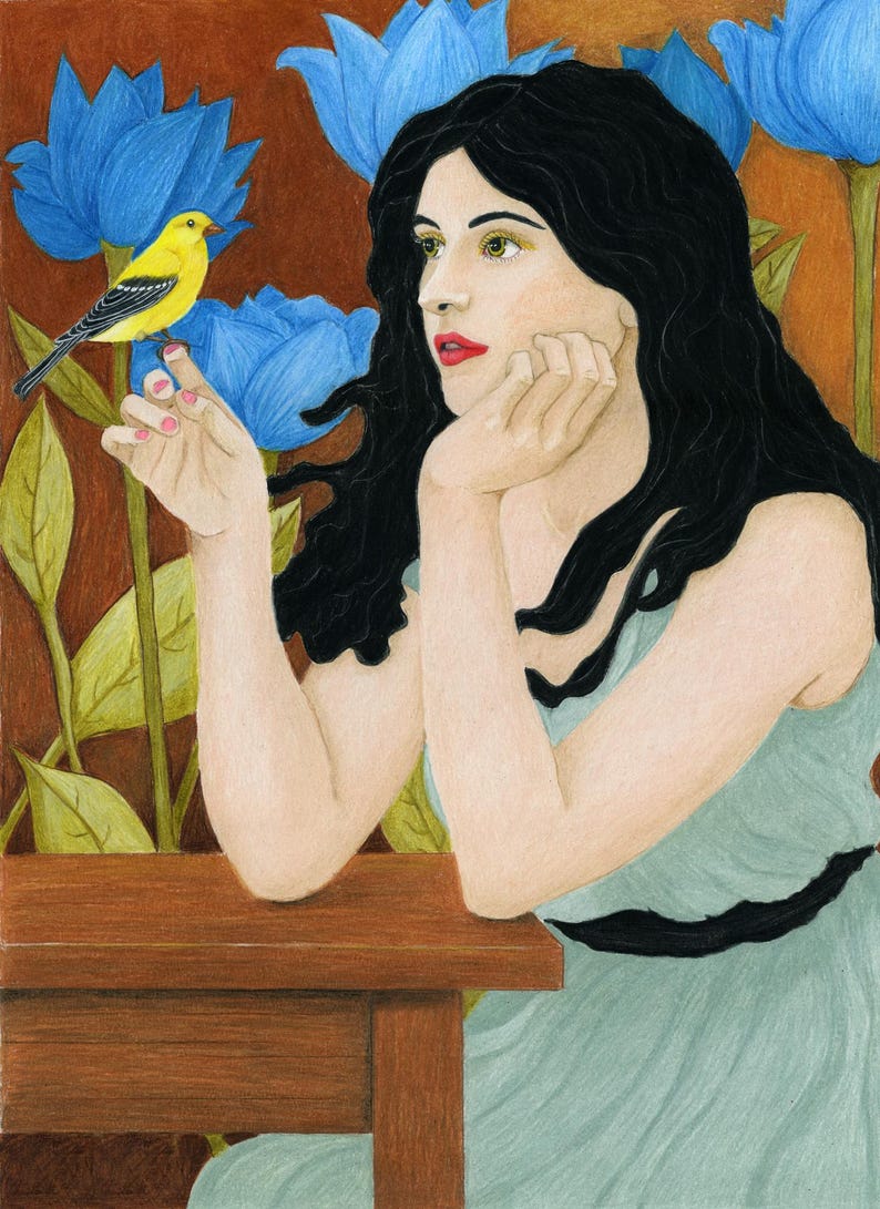 May include: A colored pencil drawing of a person with long black hair wearing a light green dress, resting their chin on their hand at a wooden table. A small yellow bird with black and white wings perches on their finger against blue flowers.
