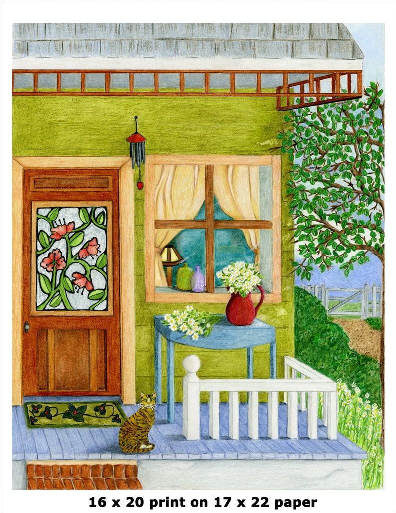 Pode incluir: Uma casa verde com uma porta marrom e uma janela com cortinas brancas. H&aacute; um gato sentado na varanda, que tem uma grade branca e uma mesa azul com um vaso de flores. O texto "16 x 20 print on 17 x 22 paper" est&aacute; na parte inferior da imagem.