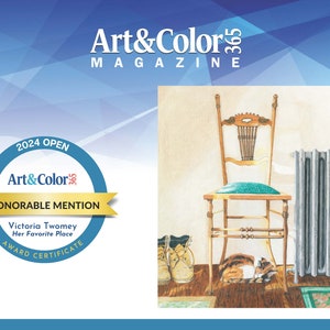 May include: A watercolour painting of a cat sleeping under a chair with a radiator in the background. The chair is wooden with a green cushion. The cat is brown, white and orange. The painting is titled "Her Favourite Place" and was awarded Honourable Mention in the 2024 Art & Color 365 Open.