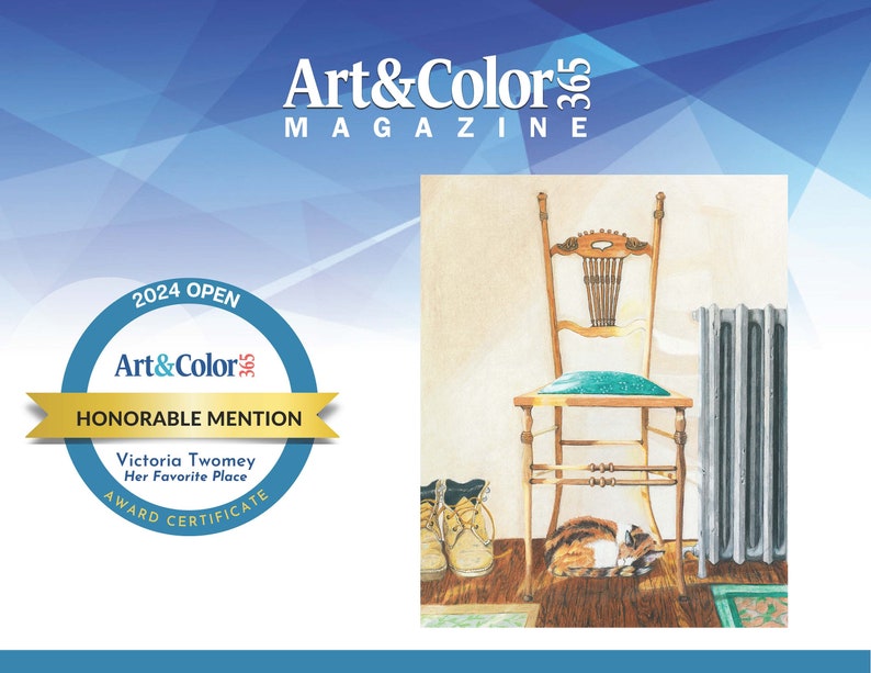 May include: A watercolour painting of a cat sleeping under a chair with a radiator in the background. The chair is wooden with a green cushion. The cat is brown, white and orange. The painting is titled "Her Favourite Place" and was awarded Honourable Mention in the 2024 Art & Color 365 Open.