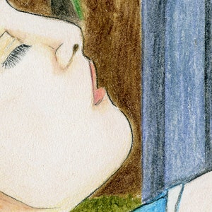 May include: A close-up of a woman's face, with her eyes closed and lips slightly parted. Her hair is brown and her skin is fair. The background is a blurred image of a blue and brown surface.