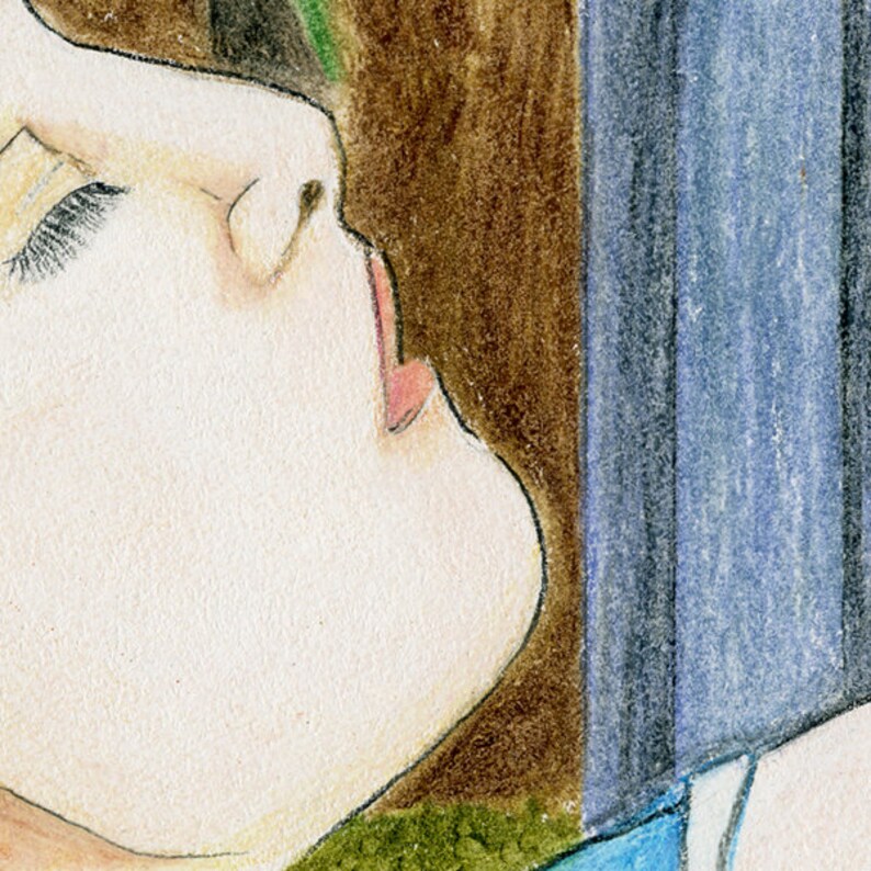 May include: A close-up of a woman's face, with her eyes closed and lips slightly parted. Her hair is brown and her skin is fair. The background is a blurred image of a blue and brown surface.