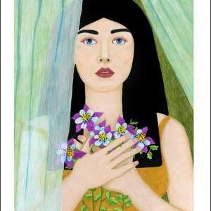 May include: A woman with long black hair holds a bouquet of purple and blue flowers in front of her chest. She is wearing a yellow tank top and is standing behind a sheer green curtain.