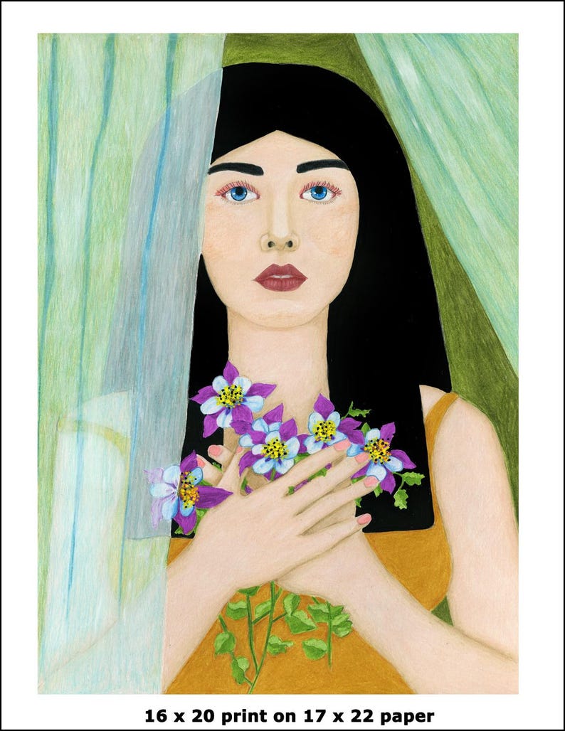 May include: A woman with long black hair holds a bouquet of purple and blue flowers in front of her chest. She is wearing a yellow tank top and is standing behind a sheer green curtain.
