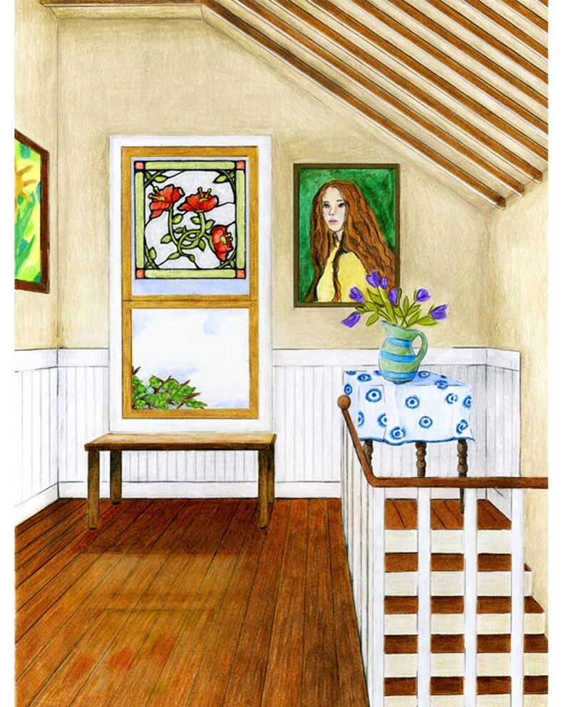 Warm sunshine pours through a stained-glass window in this Craftsman style house. Beautiful and poetic archival print of colored pencil drawing by award-winning artist and poet, Victoria Twomey. Includes certificate of authenticity and artist bio.