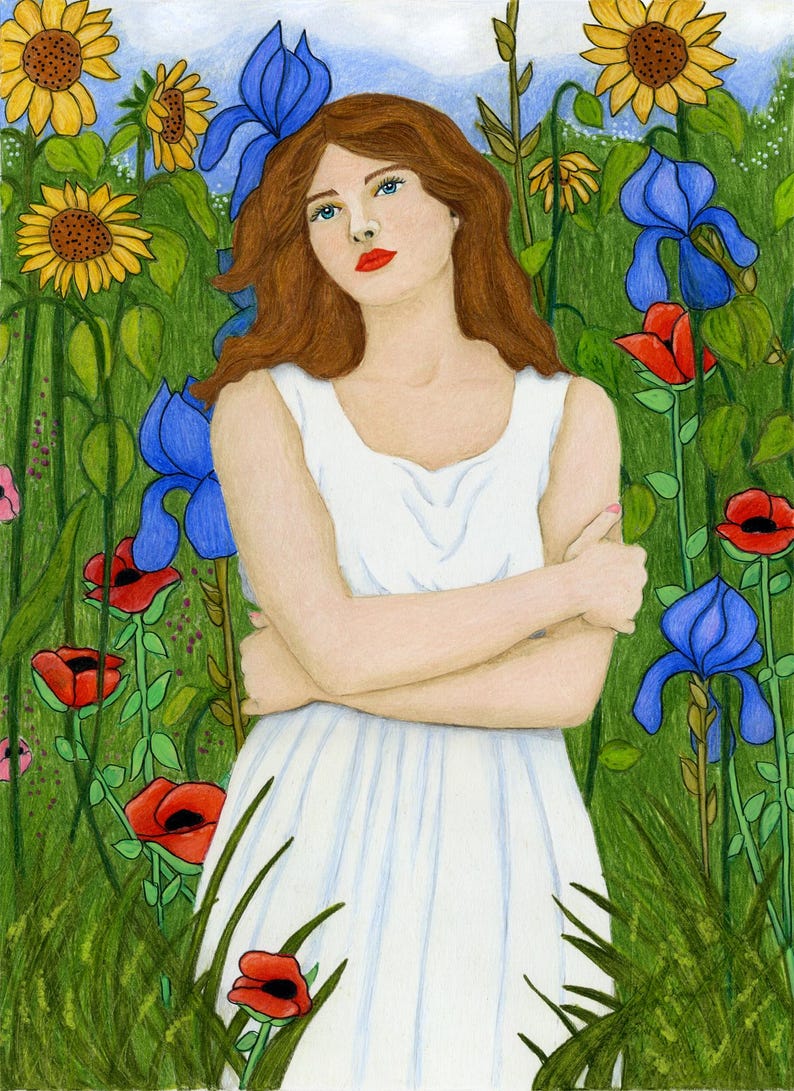 May include: A coloured pencil drawing of a person with long auburn hair wearing a simple white sleeveless dress. The person is surrounded by a vibrant garden filled with yellow sunflowers, bright blue irises, and red poppies against green foliage.