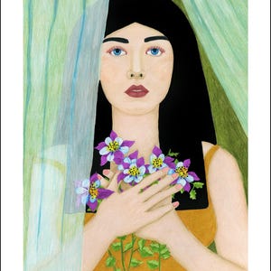 May include: A woman with long black hair holds a bouquet of purple and blue flowers in front of her chest. She is wearing a yellow tank top and looking directly at the viewer. The background is a green and blue striped curtain.