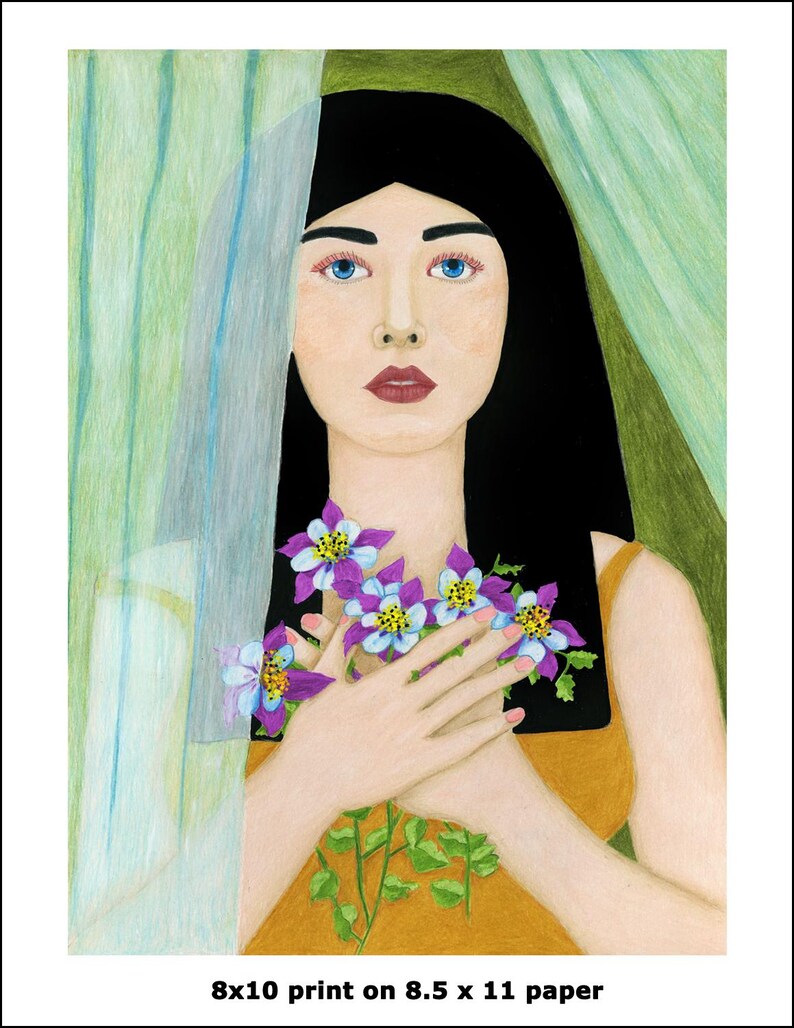 May include: A woman with long black hair holds a bouquet of purple and blue flowers in front of her chest. She is wearing a yellow tank top and looking directly at the viewer. The background is a green and blue striped curtain.