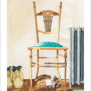 May include: A brown and white cat sleeps under a wooden chair with a teal cushion. The chair is in front of a silver radiator. There are two brown work boots on the floor to the left of the chair. The image is captioned "11 x 14 print on 13 x 19 paper".