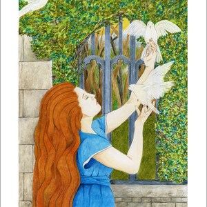 May include: A woman with long, flowing red hair reaches out to three white doves. The doves are perched on a wrought iron gate, surrounded by lush green foliage. The woman is wearing a blue dress with a white collar.