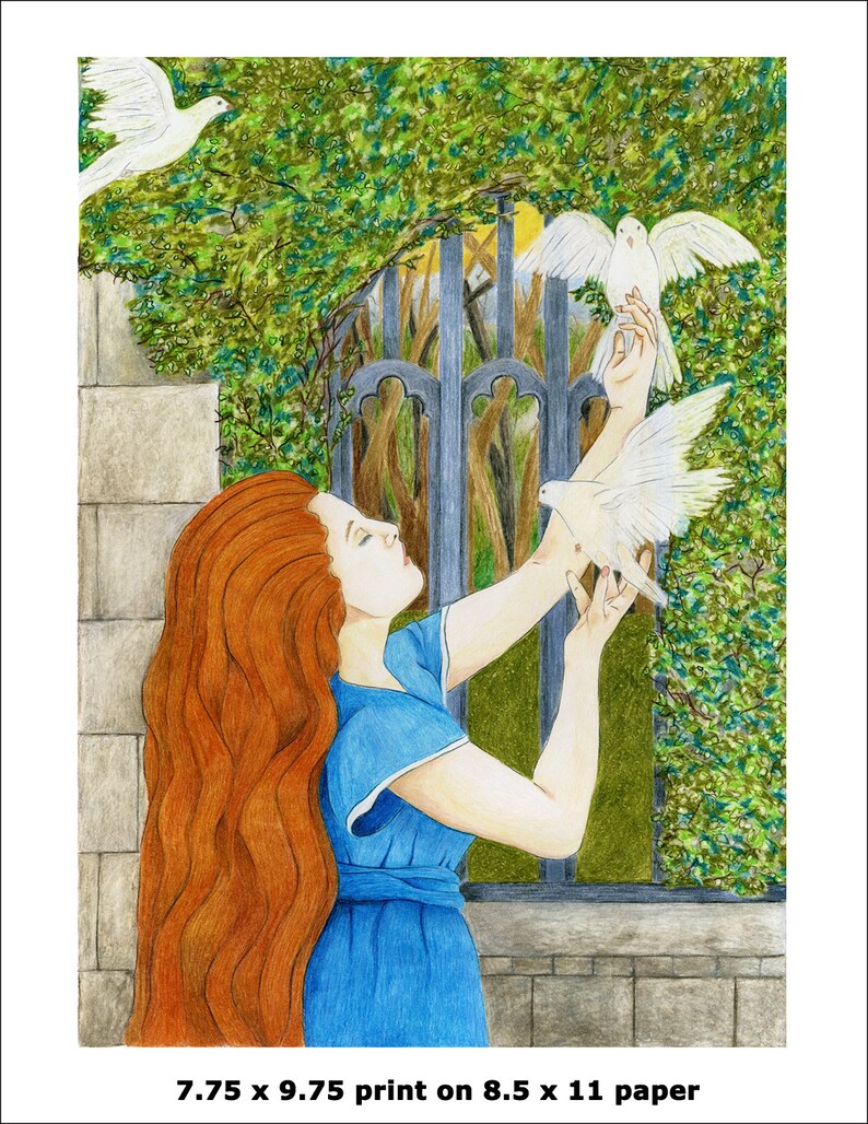 May include: A woman with long, flowing red hair reaches out to three white doves. The doves are perched on a wrought iron gate, surrounded by lush green foliage. The woman is wearing a blue dress with a white collar.